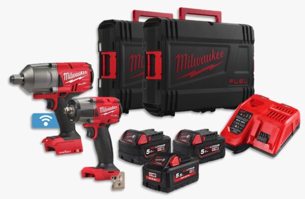 M18ONEFHIWF34( llave impacto 3/4) + M18FMTIW2F12(Llave impacto 1/2). Se suministra con 2 baterías M18B5, 1 batería HIGH OUTPUT™ M18HB5.5 y cargador rápido M12-18FC, en 2 HD-boxes